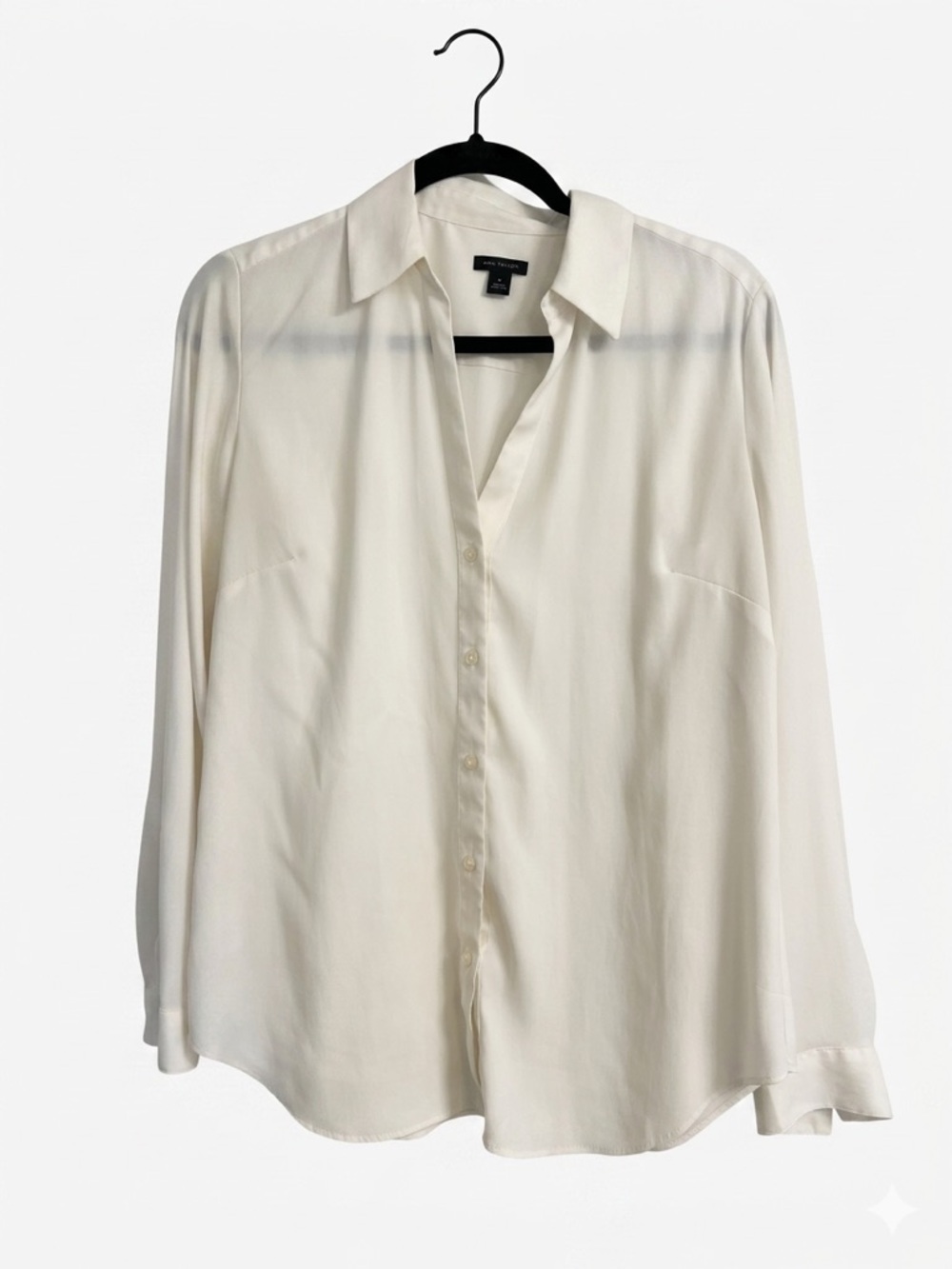 Ann Taylor Cream Long-Sleeve Button-Down Shirt Polyester Dressy Button Cuffs M